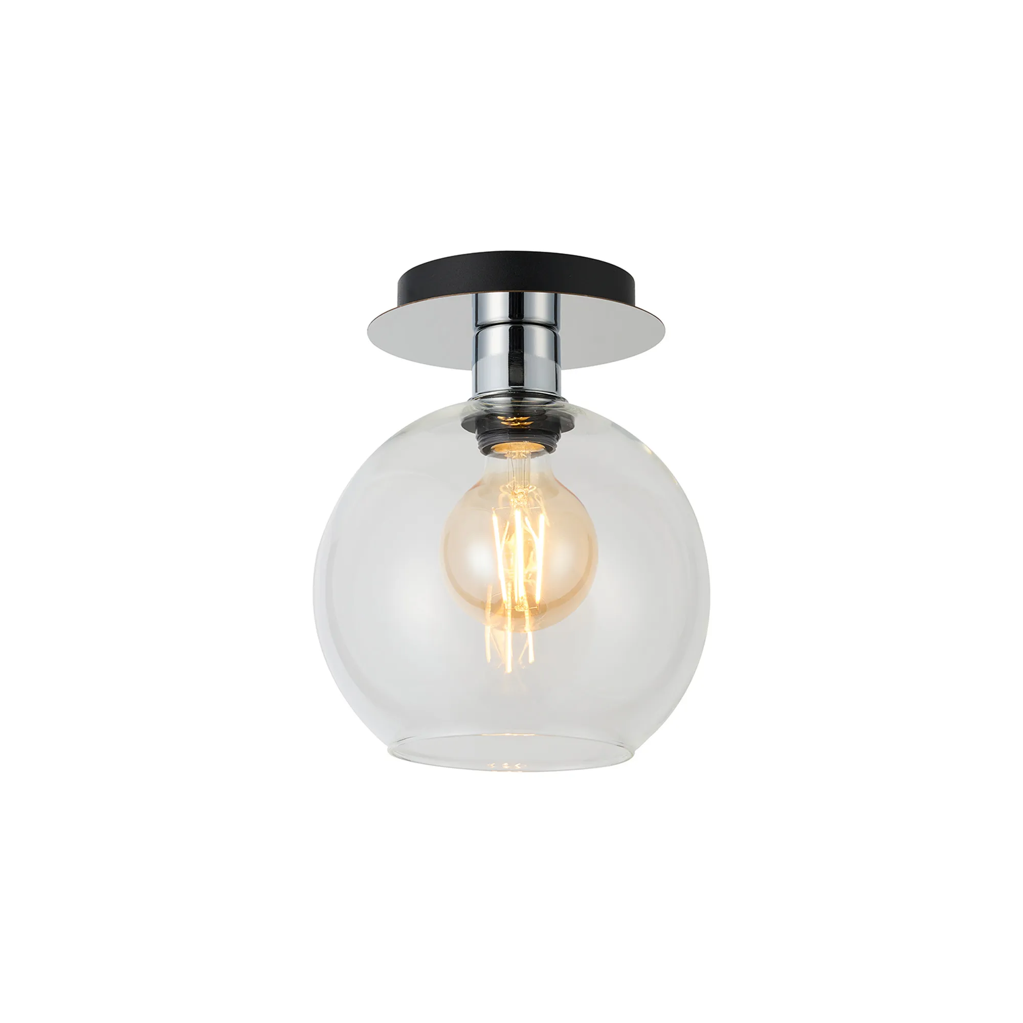 DK1334  Lori 15cm Round Ceiling Flush, 1 Light Flush Fitting E27, Polished Chrome/Clear Open Mouth Round Globe Shades
